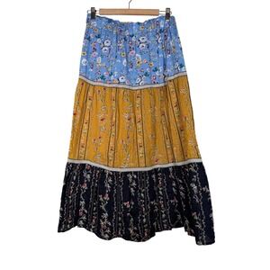 Vintage Concept Tiered‎ Maxi Skirt Floral Blue Gold Navy Boho XL